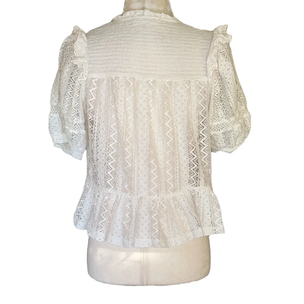 Mango MNG White Eyelet Lace Smocked Ruffle Tie Front Tassel Cropped Blouse - XS - Picture 6 of 9